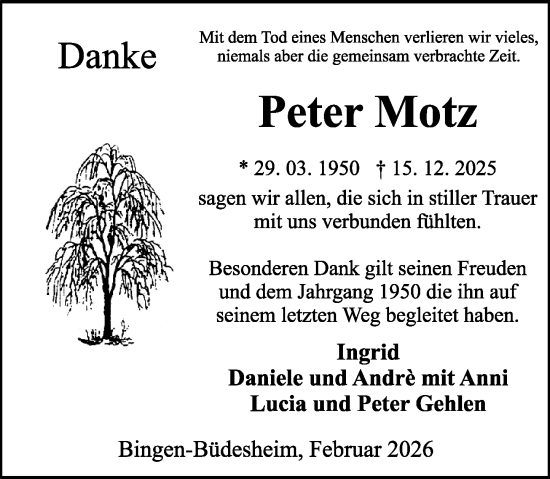 Traueranzeige von Peter Motz von Binger-/Ingelheimer Wochenblatt