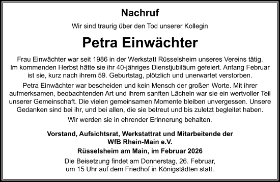 Traueranzeige von Petra Einwächter von Rüsselsheimer Echo