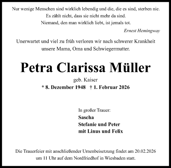 Traueranzeige von Petra Clarissa Müller von Wiesbadener Kurier