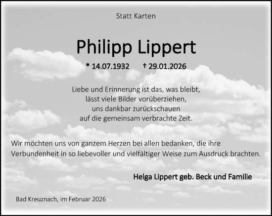 Traueranzeige von Philipp Lippert von Allgemeine Zeitung Rheinhessen-Nahe