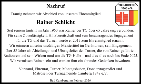 Traueranzeige von Rainer Schlicht von Camberger Anzeiger