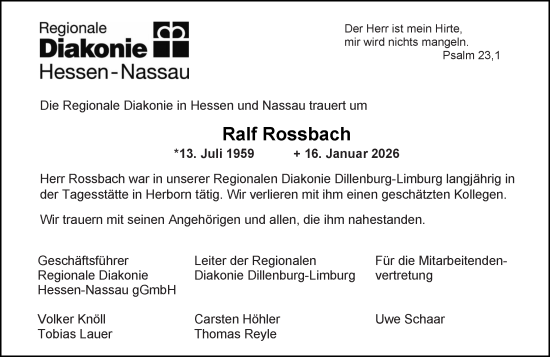 Traueranzeige von Ralf Rossbach von Dill Block