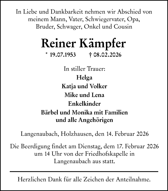 Traueranzeige von Reiner Kämpfer von Dill Block