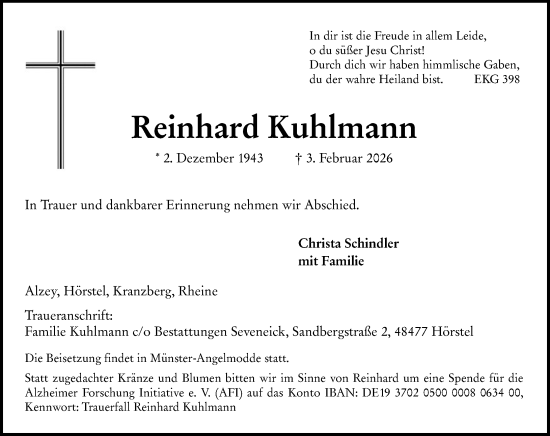 Traueranzeige von Reinhard Kuhlmann von Allgemeine Zeitung Alzey