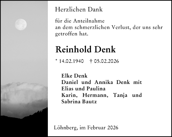 Traueranzeige von Reinhold Denk von Weilburger Tageblatt