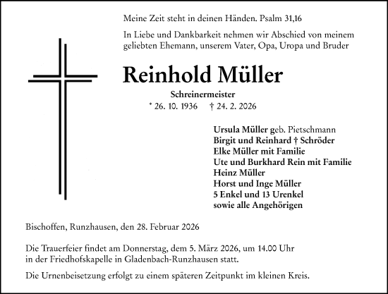 Traueranzeige von Reinhold Müller von Hinterländer Anzeiger