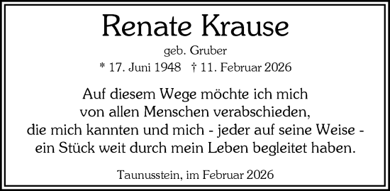 Traueranzeige von Renate Krause von Wiesbadener Kurier