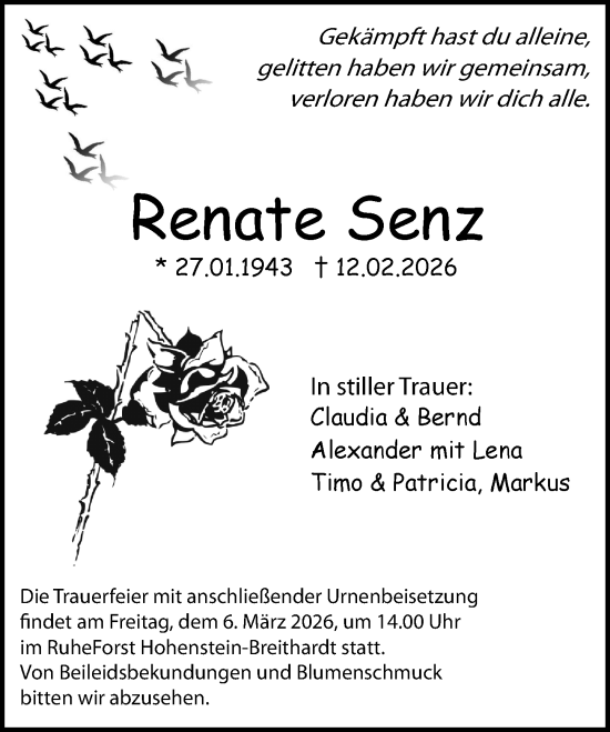 Traueranzeige von Renate Senz von Wiesbadener Kurier