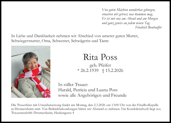 Traueranzeige von Rita Poss von Allgemeine Zeitung Rheinhessen-Nahe