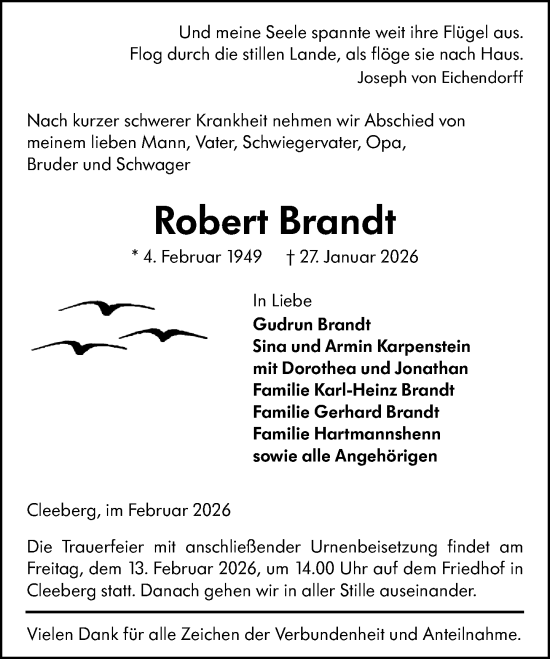 Traueranzeige von Robert Brandt von Wetzlarer Neue Zeitung