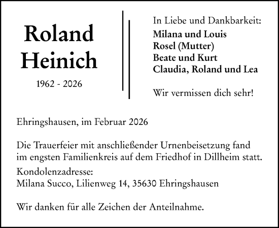 Traueranzeige von Roland Heinich von Wetzlarer Neue Zeitung
