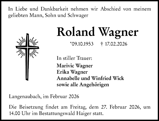 Traueranzeige von Roland Wagner von Dill Block