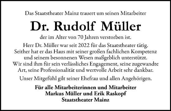 Traueranzeige von Rudolf Müller von Allgemeine Zeitung Mainz