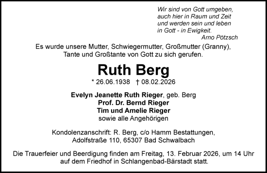 Traueranzeige von Ruth Berg von Wiesbadener Kurier