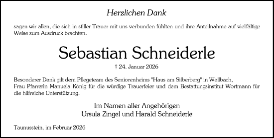 Traueranzeige von Sebastian Schneiderle von Rheingau-Taunus-Kreis Wochenblatt