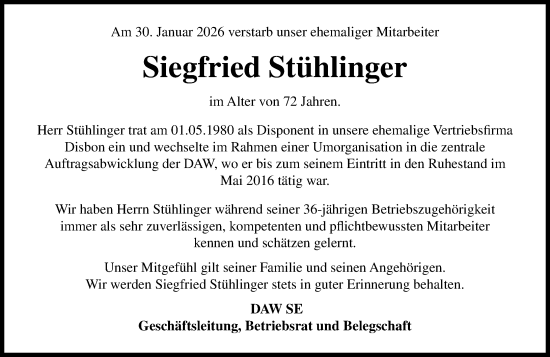 Traueranzeige von Siegfried Stühlinger von Darmstädter Echo