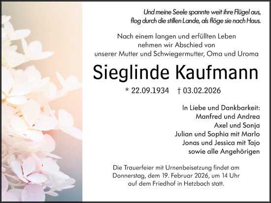 Traueranzeige von Sieglinde Kaufmann von Odenwälder Echo