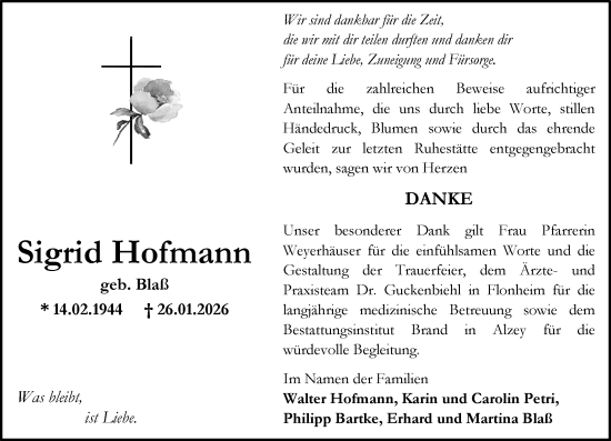 Traueranzeige von Sigrid Hofmann von Allgemeine Zeitung Alzey