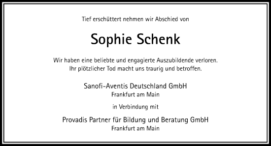 Traueranzeige von Sophie Schenk von Wiesbadener Kurier