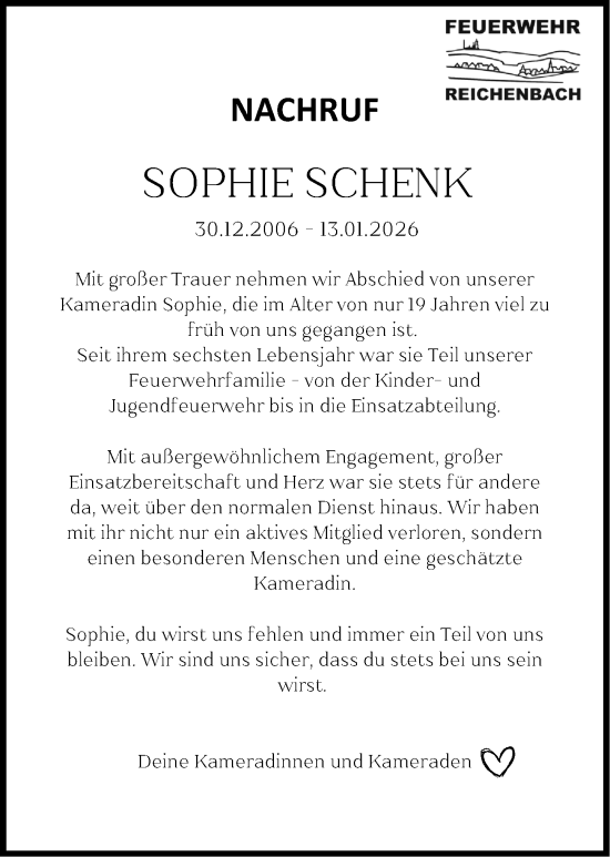 Traueranzeige von Sophie Schenk von Camberger Anzeiger