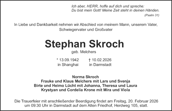 Traueranzeige von Stephan Skroch von Darmstädter Echo