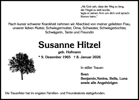 Traueranzeige von Susanne Hitzel von Wiesbadener Kurier