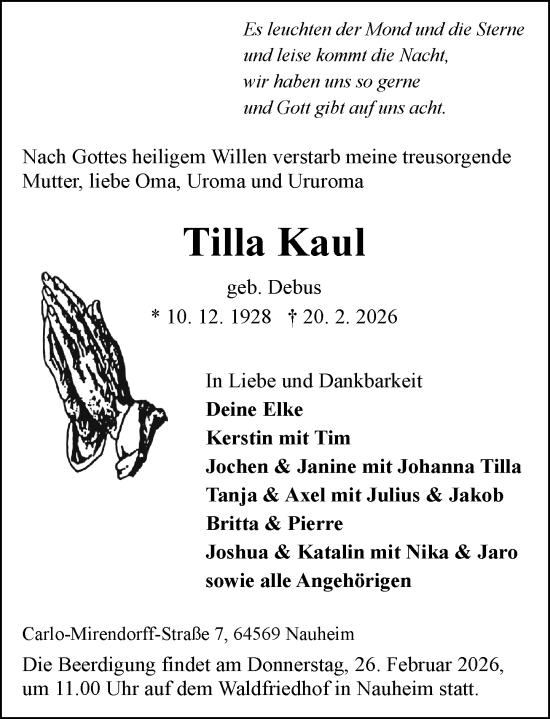 Traueranzeige von Tilla Kaul von Rüsselsheimer Echo