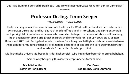 Traueranzeige von Timm Seeger von Darmstädter Echo