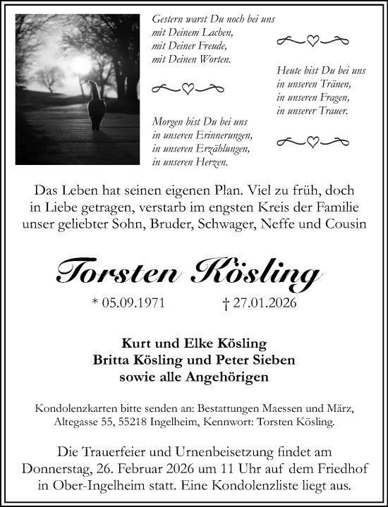 Traueranzeige von Torsten Kösling von Binger-/Ingelheimer Wochenblatt