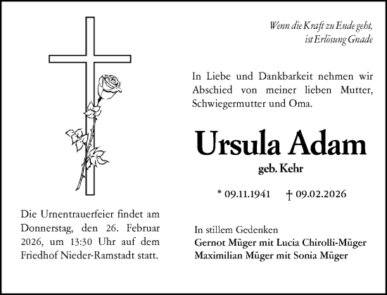 Traueranzeige von Ursula Adam von Darmstädter Echo