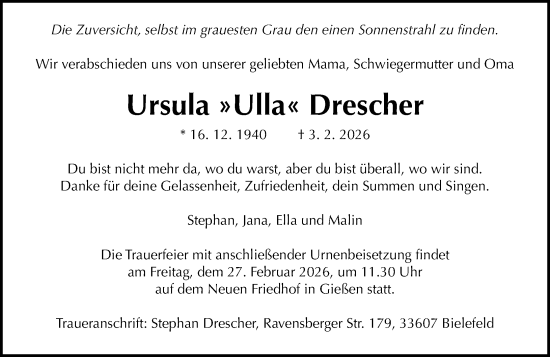 Traueranzeige von Ursula Drescher von Wetzlarer Neue Zeitung