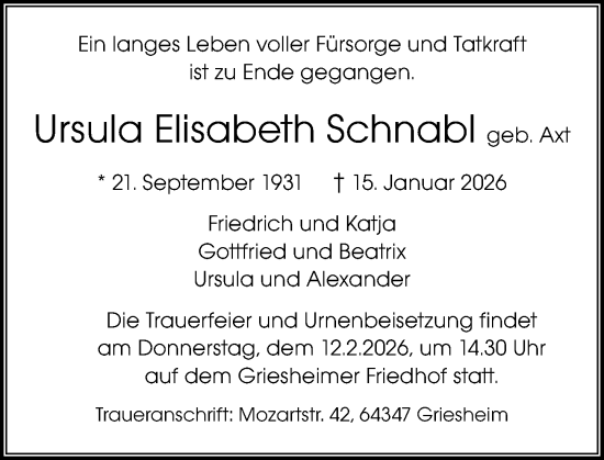 Traueranzeige von Ursula Elisabeth Schnabl von Darmstädter Echo