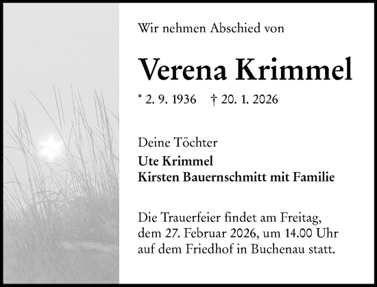 Traueranzeige von Verena Krimmel von Hinterländer Anzeiger