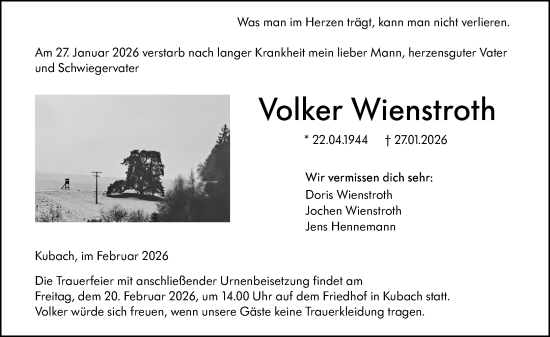 Traueranzeige von Volker Wienstroth von Weilburger Tageblatt