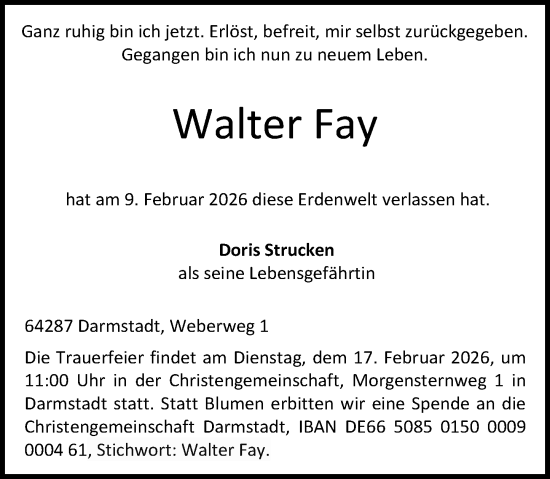 Traueranzeige von Walter Fay von Darmstädter Echo