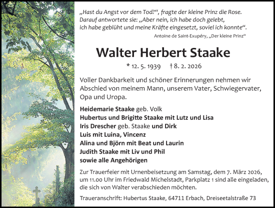 Traueranzeige von Walter Herbert Staake von Odenwälder Echo