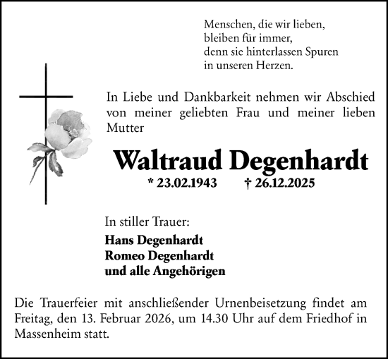 Traueranzeige von Waltraud Degenhardt von Hochheimer Zeitung