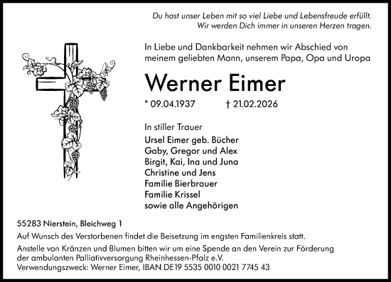 Traueranzeige von Werner Eimer von Allgemeine Zeitung Mainz