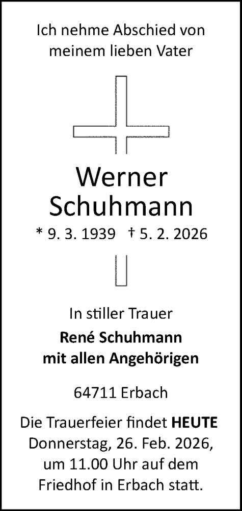 Traueranzeige von Werner Schuhmann von Odenwälder Echo