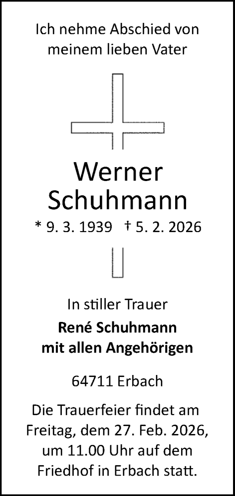 Traueranzeige von Werner Schuhmann von Odenwälder Echo