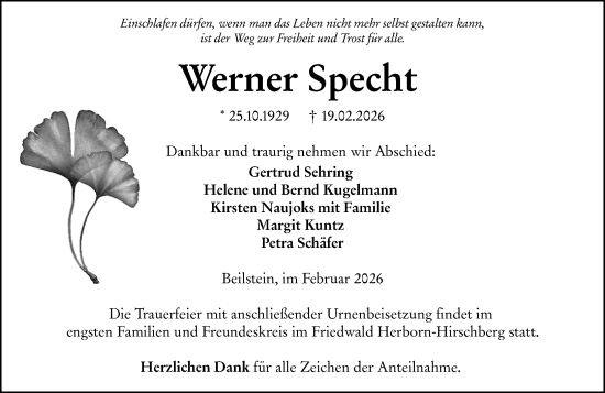 Traueranzeige von Werner Specht von Dill Block