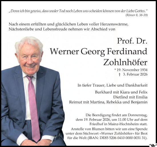 Traueranzeige von Werner Georg Ferdinand Zohlnhöfer von Allgemeine Zeitung Mainz