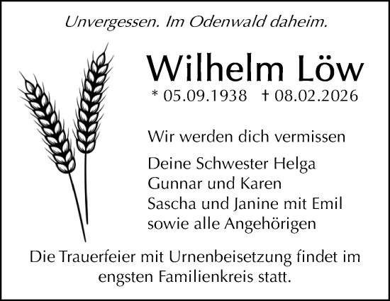 Traueranzeige von Wilhelm Löw von Odenwälder Echo