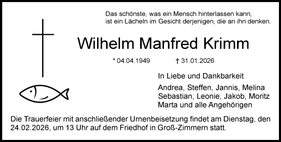 Traueranzeige von Wilhelm Manfred Krimm von Dieburger Anzeiger/Groß-Zimmerner Lokal-Anzeiger