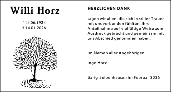 Traueranzeige von Willi Horz von Weilburger Tageblatt