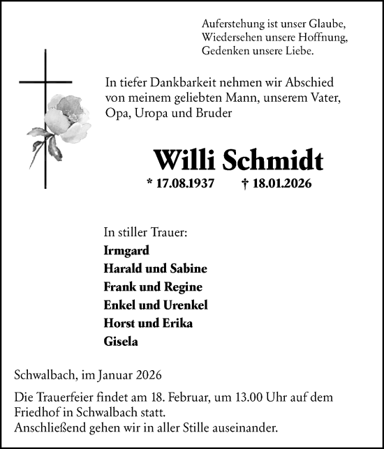 Traueranzeige von Willi Schmidt von Wetzlarer Neue Zeitung