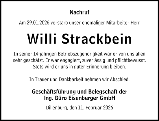 Traueranzeige von Willi Strackbein von Dill Block
