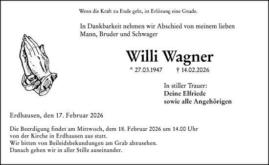 Traueranzeige von Willi Wagner von Hinterländer Anzeiger
