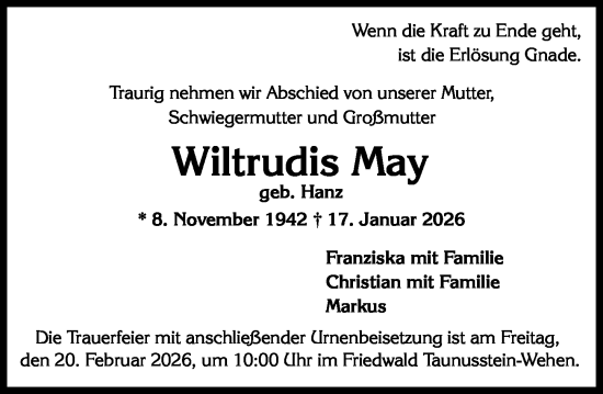 Traueranzeige von Wiltrudis May von Wiesbadener Kurier
