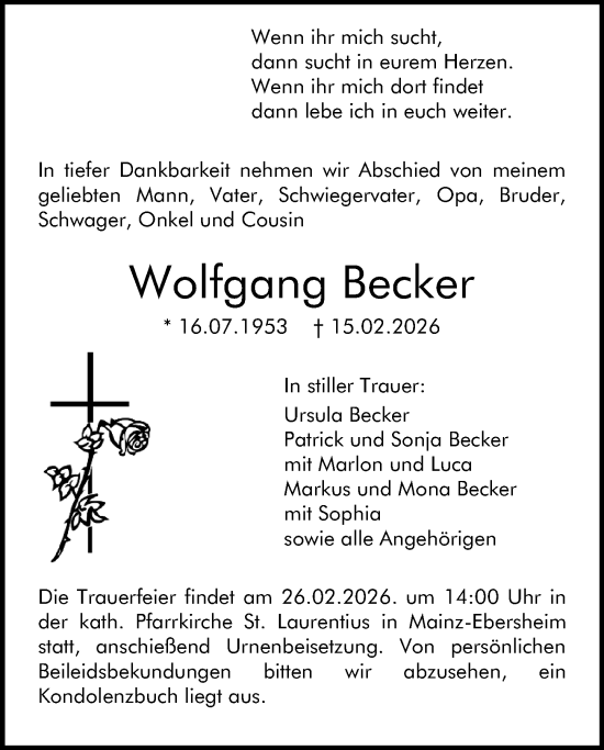 Traueranzeige von Wolfgang Becker von Allgemeine Zeitung Mainz